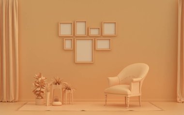 Katı pastel turuncu turuncu renkli, tek sandalyeli ve bitkili yedi çerçeveli poster duvarı, 3 boyutlu tasarım, poster ya da resim sunumu