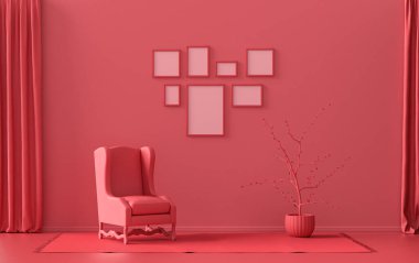 Katı pastel, kırmızı, kestane rengi, tek sandalyeli ve bitkili yedi çerçeveli poster duvarı, 3 boyutlu tasarım, poster ya da resim sunumu