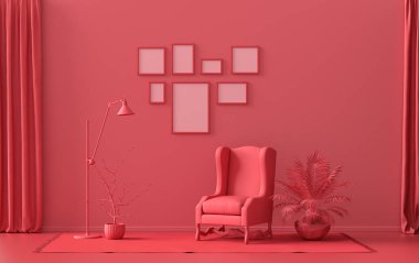 Katı pastel, kırmızı, kahverengi, mobilya ve bitkilerle kaplı yedi çerçeveli poster duvarı, 3 boyutlu tasarım, poster ya da resim sunumu