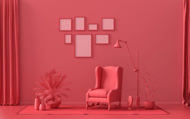 Katı pastel, kırmızı, kahverengi, mobilya ve bitkilerle kaplı yedi çerçeveli poster duvarı, 3 boyutlu tasarım, poster ya da resim sunumu