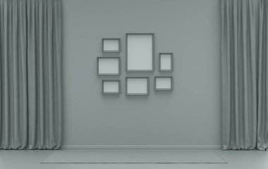 Saf pastel kül gri odada yedi çerçeveli, mobilyasız ve boş, 3D Rendering, poster ya da resim sunumlu bir poster duvarı.