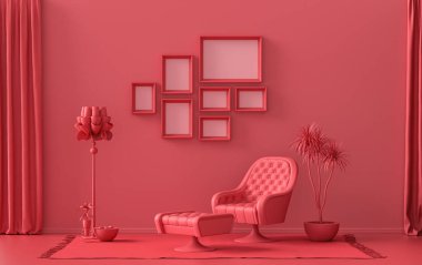 Katı pastel, kırmızı, kahverengi, mobilya ve bitkilerle kaplı yedi çerçeveli poster duvarı, 3 boyutlu tasarım, poster ya da resim sunumu