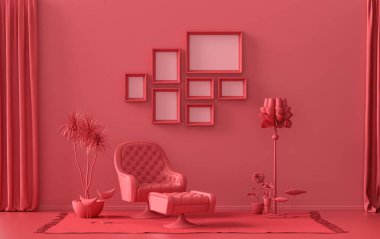 Katı pastel, kırmızı, kahverengi, mobilya ve bitkilerle kaplı yedi çerçeveli poster duvarı, 3 boyutlu tasarım, poster ya da resim sunumu