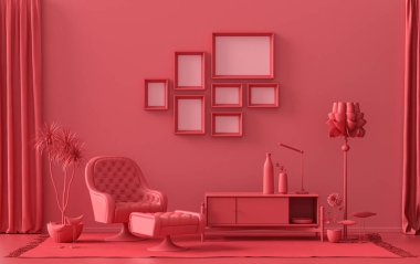 Katı pastel, kırmızı, kahverengi, mobilya ve bitkilerle kaplı yedi çerçeveli poster duvarı, 3 boyutlu tasarım, poster ya da resim sunumu