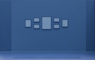 Mobilyasız ve boş, üç boyutlu resim, poster ya da resim sunumsuz, koyu mavi renkli yedi çerçeveli poster duvarı.