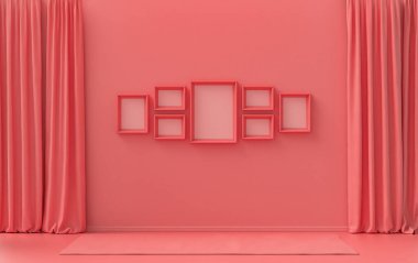 Model poster duvarı. Saf pastel açık pembe yedi çerçeve, pembe turuncu oda. Mobilyasız ve boş.