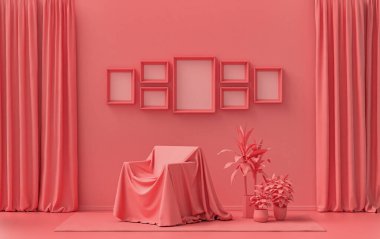 Katı pastel açık pembe, pembe turuncu odalı, kumaş ve bitkilerle kaplı bir sandalyesi olan yedi çerçeveli poster duvarı, 3 boyutlu tasarım, poster ya da resim sunumu