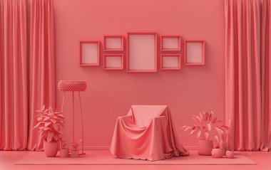Katı pastel açık pembe, pembe turuncu odalı, kumaş, mobilya ve bitkilerle kaplı bir sandalyesi olan yedi çerçeveli poster duvarı, 3 boyutlu tasarım, poster ya da resim sunumu