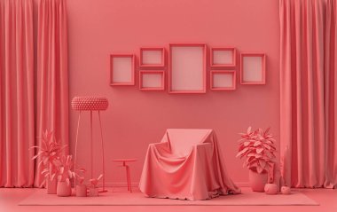 Katı pastel açık pembe, pembe turuncu odalı, kumaş, mobilya ve bitkilerle kaplı bir sandalyesi olan yedi çerçeveli poster duvarı, 3 boyutlu tasarım, poster ya da resim sunumu