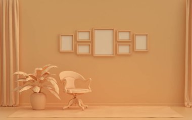 Katı pastel turuncu turuncu renkli, tek sandalyeli ve bitkili yedi çerçeveli poster duvarı, 3 boyutlu tasarım, poster ya da resim sunumu