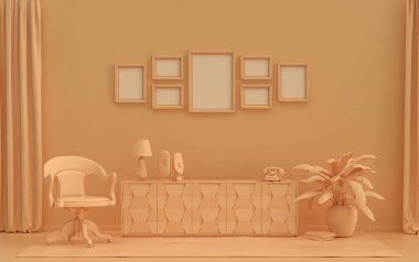 Saf pastel, turuncu, mobilya ve bitkilerle donatılmış yedi çerçeveli poster duvarı, 3 boyutlu tasarım, poster ya da resim sunumu