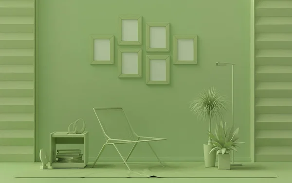 Poster frame background room in flat light green color with 6 frames on the wall, solid monochrome background for gallery wall mockup, 3d rendering, pastel color room