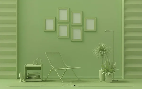 Afiş çerçevesi arkaplan odası düz açık yeşil renkte, duvarda 6 çerçeve, galeri duvarı modeli için katı monokrom arka plan, 3D görüntüleme, pastel renk odası