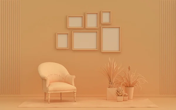 Muur Mockup Met Zes Frames Massief Pastel Oranje Roze Kleur — Stockfoto