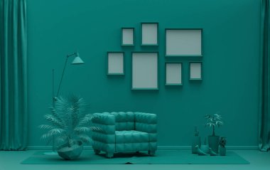 Minimalist oturma odası. Düz tek pastel, koyu yeşil renkli. Duvarında 7 çerçeve, mobilya ve bitkiler var.