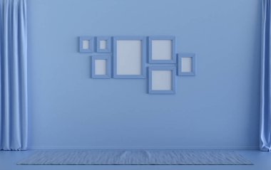 Minimalist oturma odası. Düz tek pastel açık mavi renkte. Duvarında 7 çerçeve, mobilya ve bitkiler var.