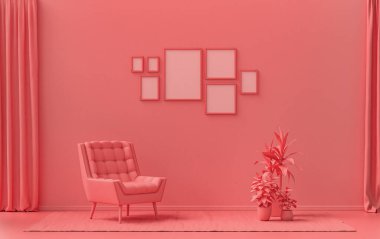 Minimalist oturma odası. Düz tek pastel açık pembe, pembemsi turuncu renkte. Duvarında 7 çerçeve, mobilya ve bitkiler var.