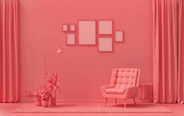 Minimalist oturma odası. Düz tek pastel açık pembe, pembemsi turuncu renkte. Duvarında 7 çerçeve, mobilya ve bitkiler var.
