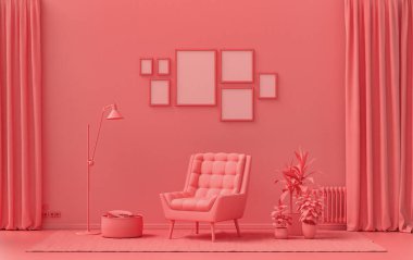 Minimalist oturma odası. Düz tek pastel açık pembe, pembemsi turuncu renkte. Duvarında 7 çerçeve, mobilya ve bitkiler var.