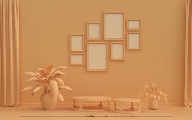 Minimalist oturma odası. Düz tek pastel turuncu renkte. Duvarında 8 çerçeve, mobilya ve bitkiler var.