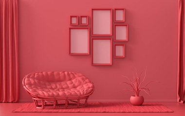 Minimalist oturma odası. Düz tek pastel, koyu kırmızı, bordo renginde. Duvarında 8 çerçeve, mobilya ve bitkiler var.