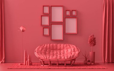 Minimalist oturma odası. Düz tek pastel, koyu kırmızı, bordo renginde. Duvarında 8 çerçeve, mobilya ve bitkiler var.