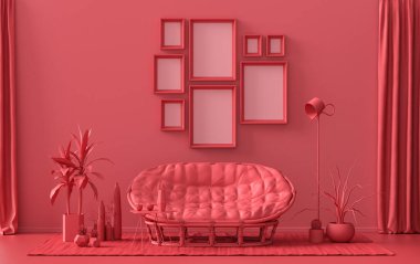 Minimalist oturma odası. Düz tek pastel, koyu kırmızı, bordo renginde. Duvarında 8 çerçeve, mobilya ve bitkiler var.