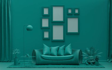 Minimalist oturma odası. Düz tek pastel, koyu yeşil renkte. Duvarında 8 çerçeve, mobilya ve bitkiler var.