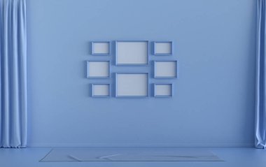 Minimalist oturma odası. Düz tek pastel açık mavi renkte. Duvarında 8 çerçeve, mobilya ve bitkiler var.