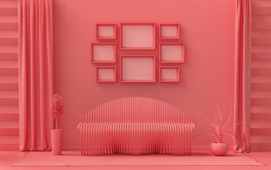 Minimalist oturma odası. Düz tek pastel açık pembe, pembemsi turuncu renkte. Duvarında 8 çerçeve, mobilya ve bitkiler var.