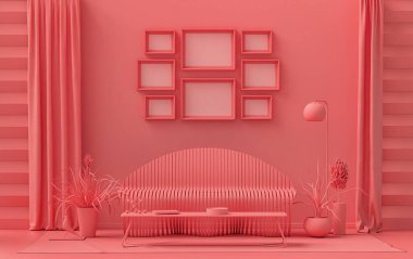 Minimalist oturma odası. Düz tek pastel açık pembe, pembemsi turuncu renkte. Duvarında 8 çerçeve, mobilya ve bitkiler var.