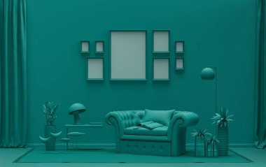 Minimalist oturma odası. Düz tek pastel, koyu yeşil renkte. Duvarında 8 çerçeve, mobilya ve bitkiler var.