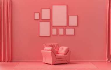 Minimalist oturma odası. Düz tek pastel açık pembe, pembemsi turuncu renkte. Duvarında 8 çerçeve, mobilya ve bitkiler var.