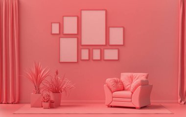 Minimalist oturma odası. Düz tek pastel açık pembe, pembemsi turuncu renkte. Duvarında 8 çerçeve, mobilya ve bitkiler var.