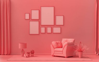 Minimalist oturma odası. Düz tek pastel açık pembe, pembemsi turuncu renkte. Duvarında 8 çerçeve, mobilya ve bitkiler var.