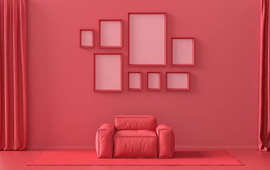 Minimalist oturma odası. Düz tek pastel, koyu kırmızı, bordo renginde. Duvarında 8 çerçeve, mobilya ve bitkiler var.