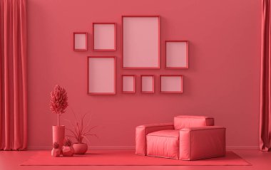 Minimalist oturma odası. Düz tek pastel, koyu kırmızı, bordo renginde. Duvarında 8 çerçeve, mobilya ve bitkiler var.