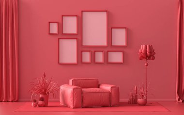 Minimalist oturma odası. Düz tek pastel, koyu kırmızı, bordo renginde. Duvarında 8 çerçeve, mobilya ve bitkiler var.