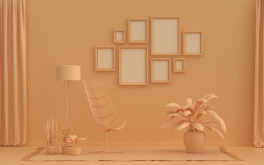 Minimalist oturma odası. Düz tek pastel turuncu renkte. Duvarında 8 çerçeve, mobilya ve bitkiler var.