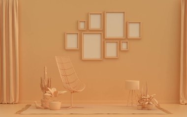 Minimalist oturma odası. Düz tek pastel turuncu renkte. Duvarında 8 çerçeve, mobilya ve bitkiler var.