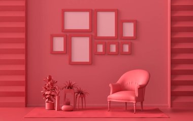Modern iç döşeme koyu kırmızı, tek sandalyeli ve bitkilerli kestane rengi oda, poster sunumu için duvarda 8 çerçeve olan galeri şablonu, 3d Renderleme, poster sunumu