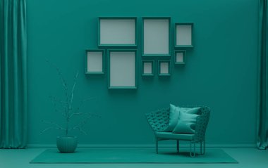 Modern, düz, koyu yeşil renk odası, tek sandalye ve bitkilerle, duvarında 8 çerçeve olan galeri şablonu poster sunumu için, 3d Renderleme, poster sunumu