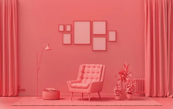 Minimalist living room interior in flat single pastel light pink, pinkish orange color with 7 frames on the wall and furnitures and plants, in the room, 3d Rendering, poster gallery wall