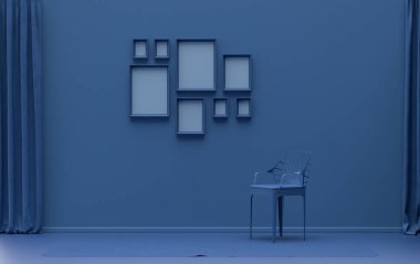 Modern dahili düz mavi renkli oda, tek sandalyeli, bitkisiz, duvarda 8 çerçeveli galeri şablonu poster sunumu için, 3d Renderleme, poster sunumu