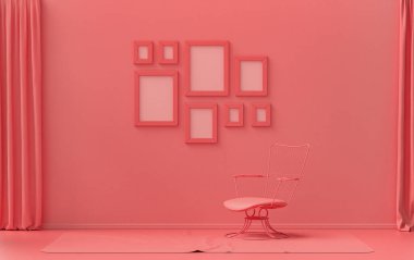 Modern iç mekan düz pembe, pembe turuncu renkli, tek sandalyeli, bitkisiz, duvarında 8 çerçeve olan galeri şablonu poster sunumu için, 3D Rendering, poster sunumu