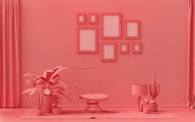 Modern iç mekan düz pembe, pembe turuncu renkli oda mobilya ve bitkilerle, duvarında 8 çerçeve olan galeri şablonu poster sunumu için, 3D Renxing, poster sunumu