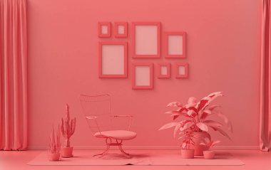 Modern iç mekan düz pembe, pembe turuncu renkli oda tek sandalye ve bitkilerle, duvarında 8 çerçeve olan galeri şablonu poster sunumu için, 3 boyutlu tasarım, poster sunumu