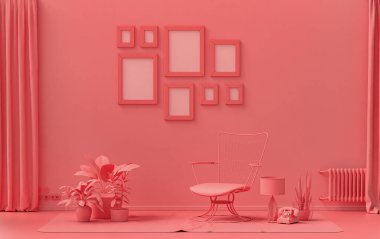 Modern iç mekan düz pembe, pembe turuncu renkli oda mobilya ve bitkilerle, duvarında 8 çerçeve olan galeri şablonu poster sunumu için, 3D Renxing, poster sunumu