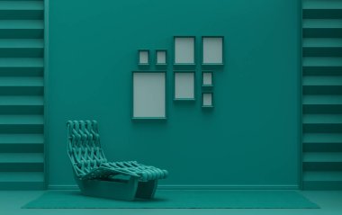 Modern, düz, koyu yeşil renk odası, meditasyon yatağı, bitkisiz, duvarında 8 çerçeve olan galeri şablonu poster sunumu için, 3d Renderleme, poster sunumu