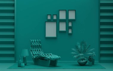 Meditasyon yatağı, mobilyası ve bitkileri olan, modern, düz, koyu yeşil renk odası, poster sunumu için duvarda 8 çerçevesi olan galeri duvarı şablonu, 3 boyutlu tasarım, poster sunumu